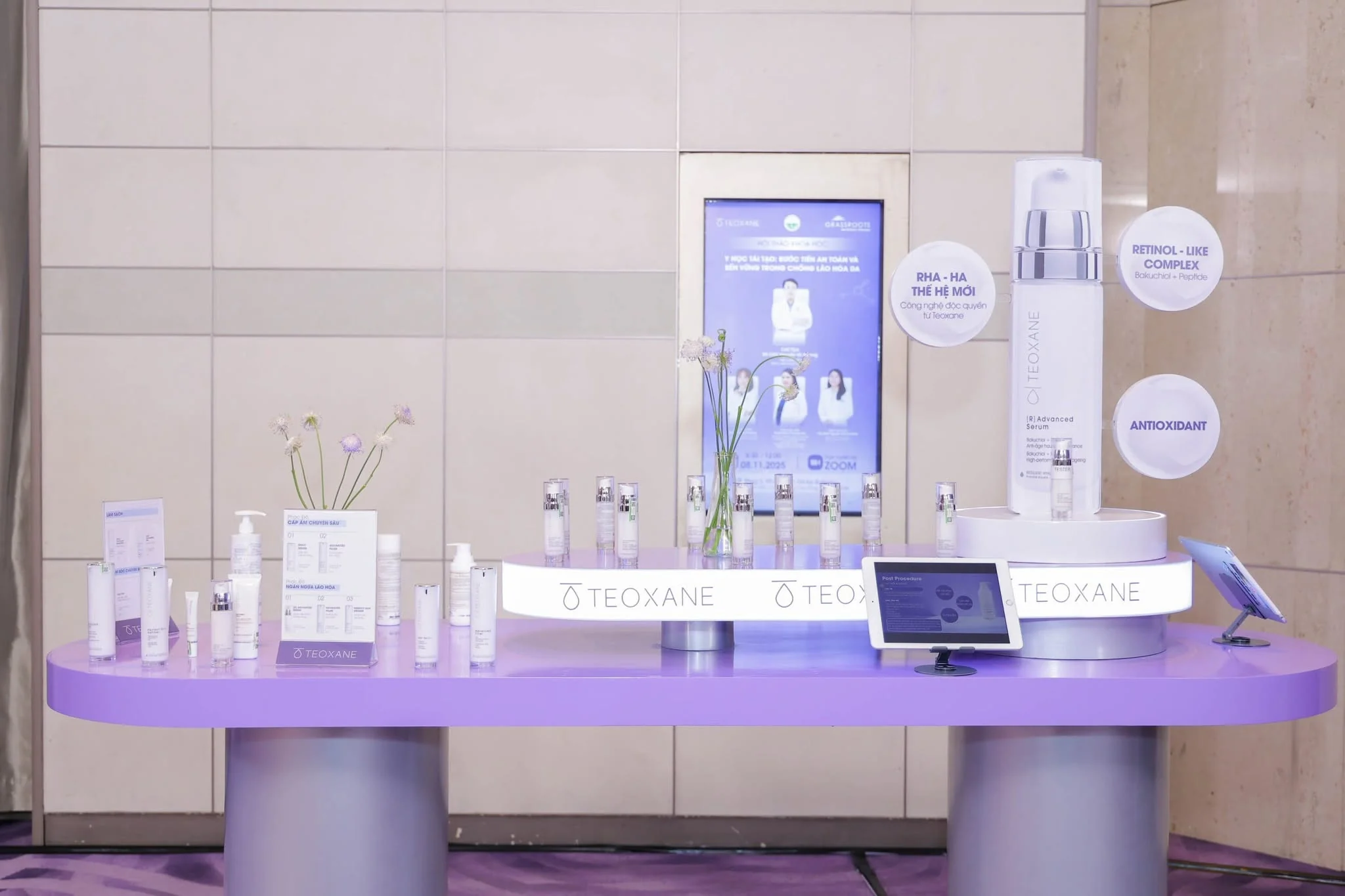 TEOXANE skincare discovery bar with lavender counter and digital agenda screen