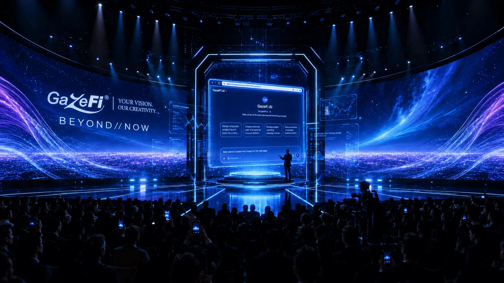 GazeFi AI on ChatGPT presented on the main keynote LED wall at a GazeFi live production, with the audience watching.