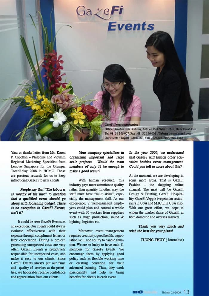 Nữ Doanh Nhân Magazine March 2009 Page 13 featuring GazeFi Events office and interview continuation